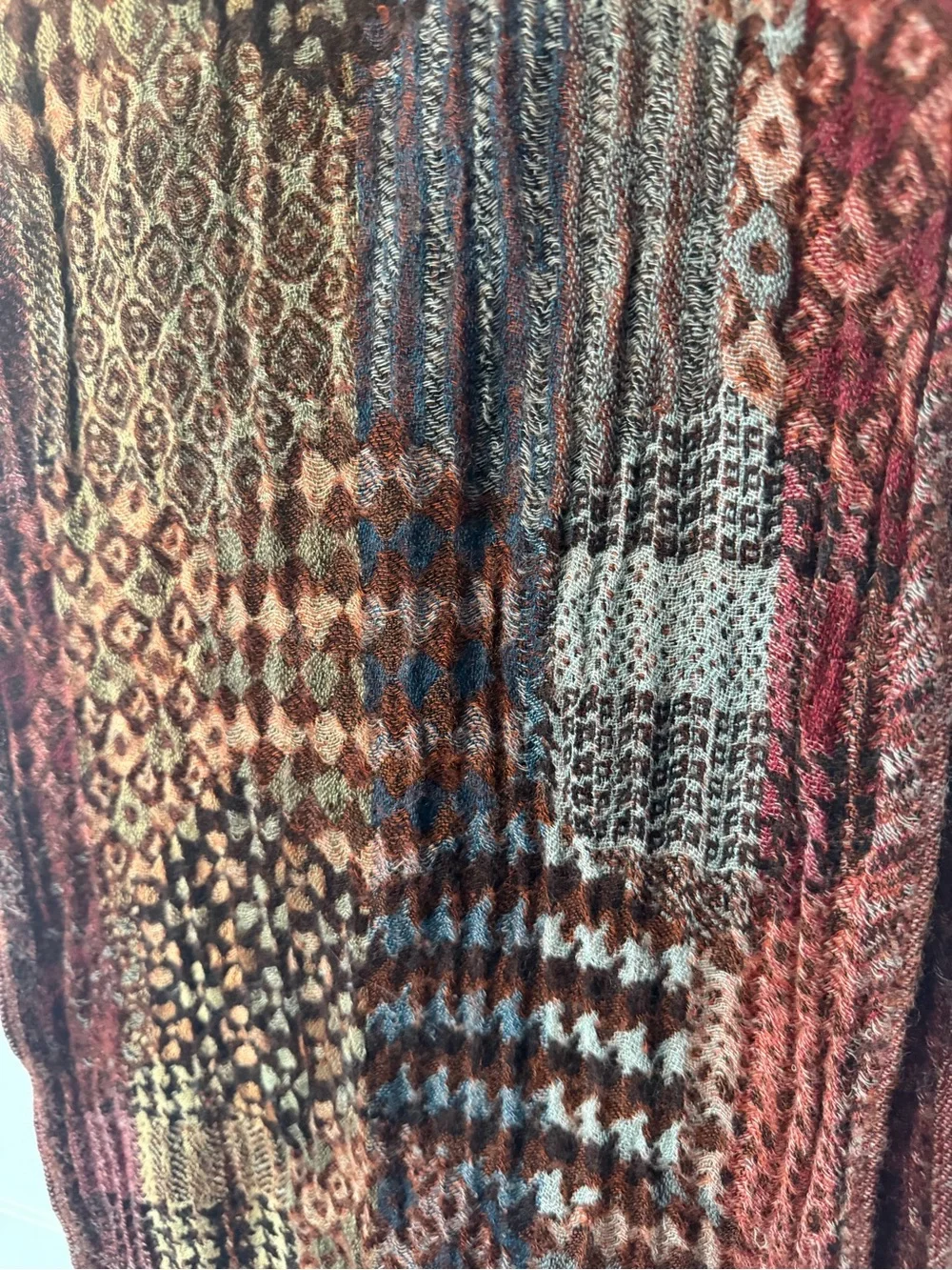 Sacred Threads Wool Viscose Patchwork Fringe Scarf Burgundy Boho